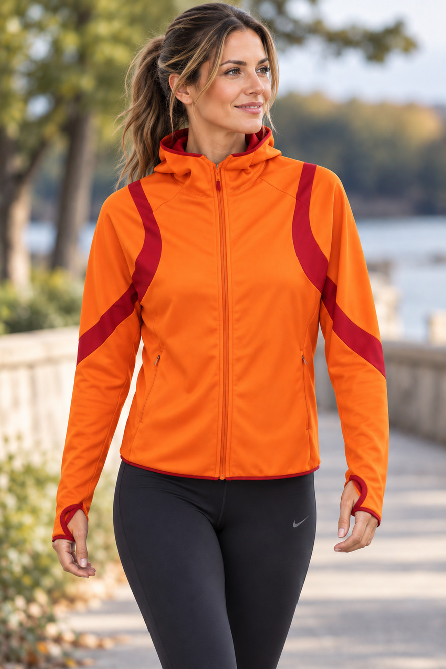 Nike Therma-FIT Womens M Orange Red Full Zip Hooded Running Jacket Thumbholes